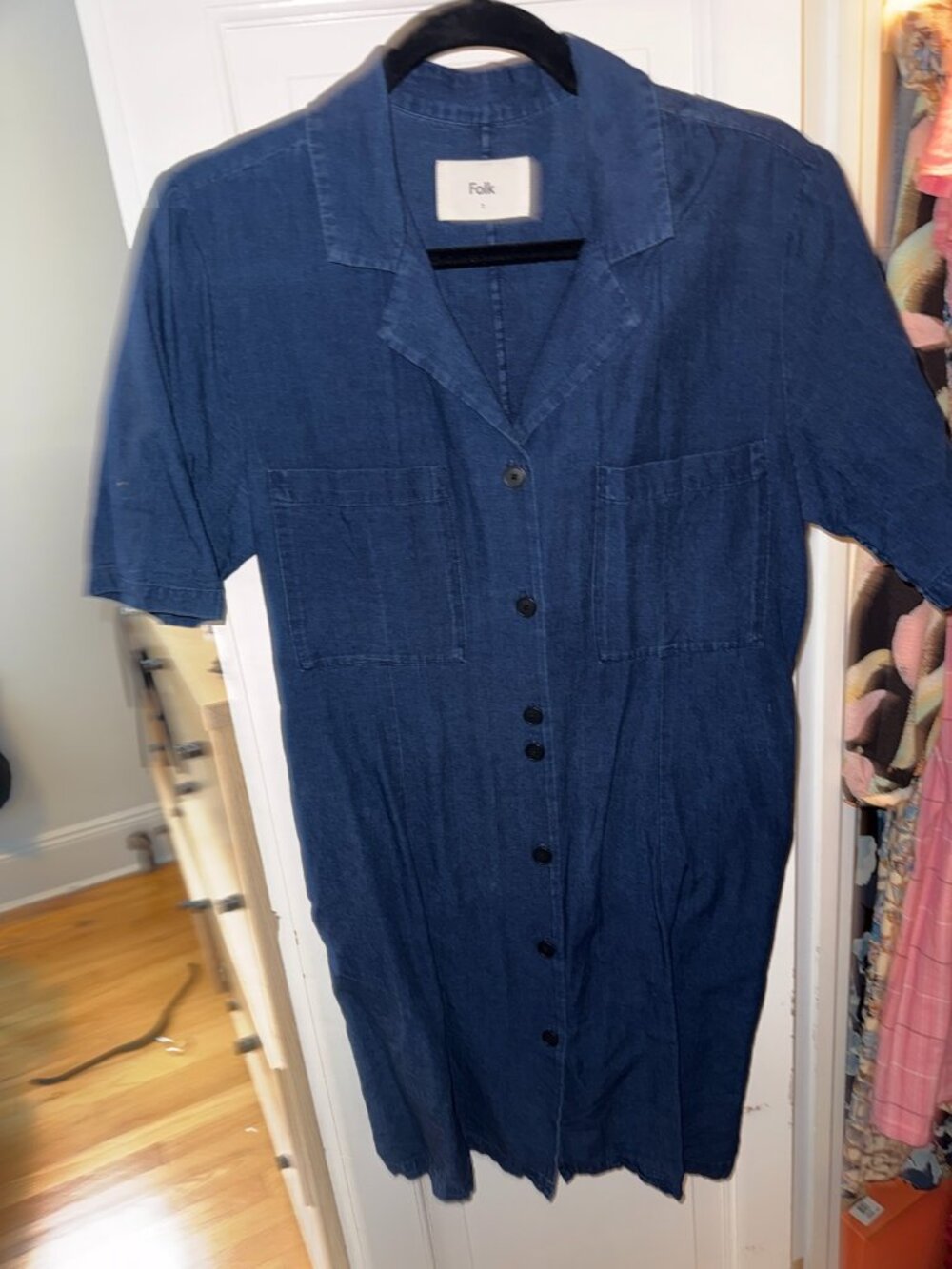 Folk Indigo Denim Shirt Dress Camp Collar, Size 2